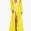 Pink Queen Women's Long Sleeve Flowy Maxi Swimsuit Tie Front Robe Cover Up S