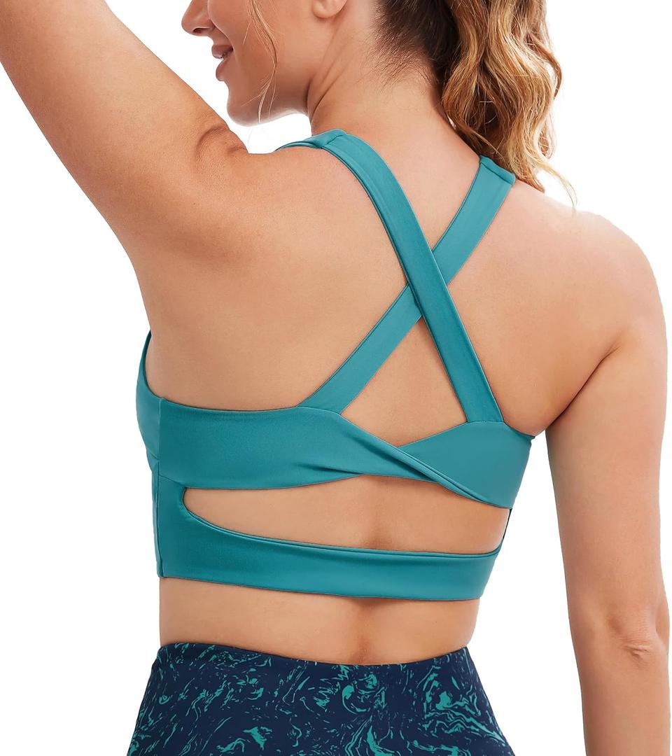 Sports Bras for Women Criss-Cross Back Padded Workout Tank Tops Medium Support Crop Tops for Women (X-Large, Dark Green)
