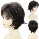 SEVENCOLORS Short Wigs for Women Dark Brown Pixie Wigs with Grey Highlights Straight Layered Synthetic Hair Wigs with Bangs