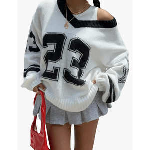 Women's Y2K Sweaters Letter Print Oversized Sweaters Long Sleeve V Neck Pullover Sweater Jumper Top Knit Jersey Shirt, Large