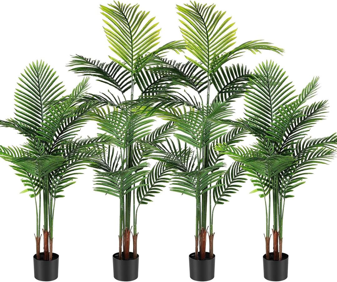 Jexine 4 Pack Artificial Palm Trees 4Ft 5Ft, Fake Plants Fake Trees Artificial Areca Palm Plants for Outdoor Indoor Faux Tree in Pot for Pool Home Office Housewarming Gift Modern Decoration