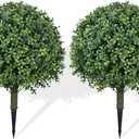 Artificial Boxwood Topiary Ball Trees (Set of 2) 24" Tall UV-Resistant Fake Evergreen Shrubs with Ground Spike for Outdoor Planters, Porch, Garden & Indoor Decor