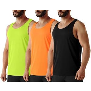 URBEST Men's Neon Workout Sleeveless Shirts Quick Dry Swim Beach Muscle Gym Running Athletic Tank Top Large, Bright Yellow/ Orange/ Black 