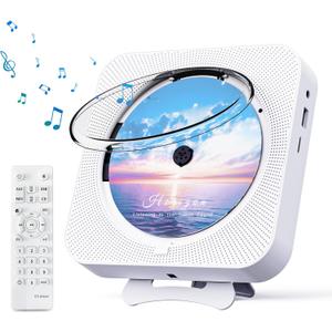 Bluetooth Portable Home CD Music Player with Remote Control, Timer, Built-in Speakers and LED Display - FM Radio Boombox (White)