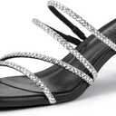 IDIFU IN2 Rhinestone Heels Strappy Low Kitten Square Open Toe Mule Heels Wedding Bridal Prom Party Dress Shoes for Women Comfortable Dressy Formal Sparkly Slip On Heeled Sandals 6