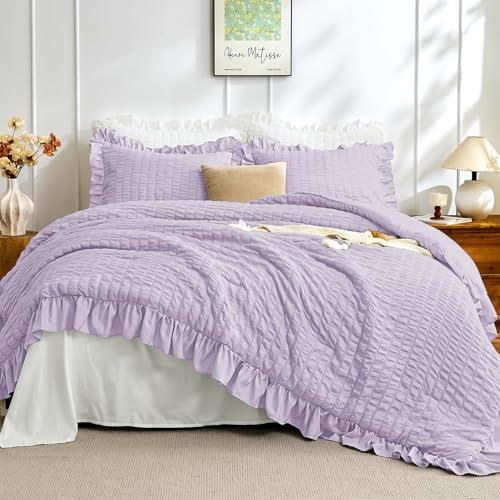 JOLLYVOGUE Lavender King Comforter Set, 3 Pieces Seersucker Comforters King Size, Lightweight & Fluffy Bedding Sets King for All Season with 1 Ruffle Comforter and 2 Ruffle Pillowshams