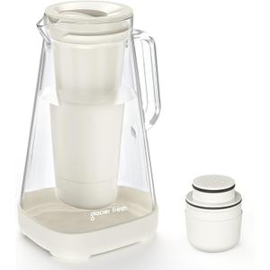 GLACIER FRESH 10 Cup Glass Water Pitcher with 1 Filter of 3X Flow Rate, Purela Glass Pitcher with 5-Stage Filtration Technology, Reduces 99% Chlorine and Improve Taste, Bpa Free, White