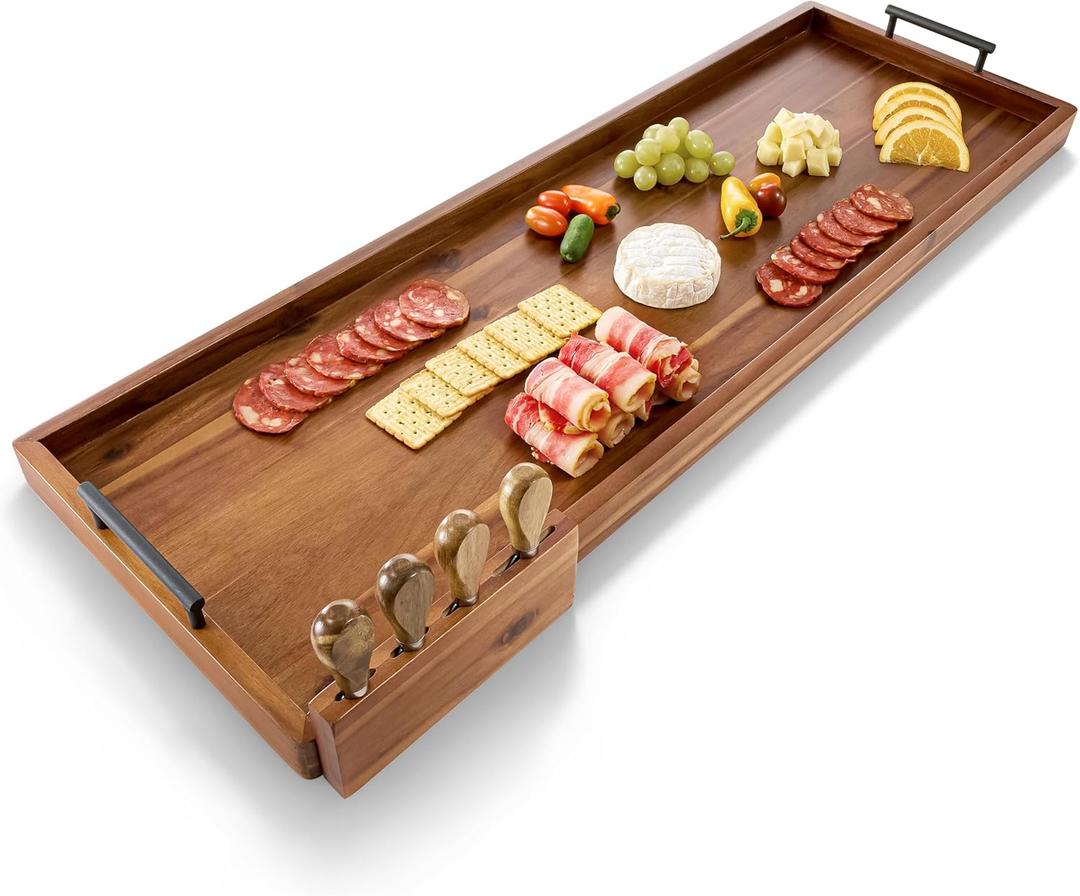 36 inch Large Acacia Wood Charcuterie Board with Metal Handles and 4 Knives Set - Wooden Serving Tray for Cheese - Long Appetizer Board for Serving Food Platter Cracker Snack