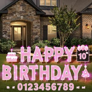 Yerliker 16 Pcs Happy Birthday Yard Signs with Stakes, 32.8 ft LED Lights, 42 Pcs Number Stickers, 13.4 Inch Letters Signs for Birthday Party Supplies Yard Lawn Outdoor Decoration (Pink)