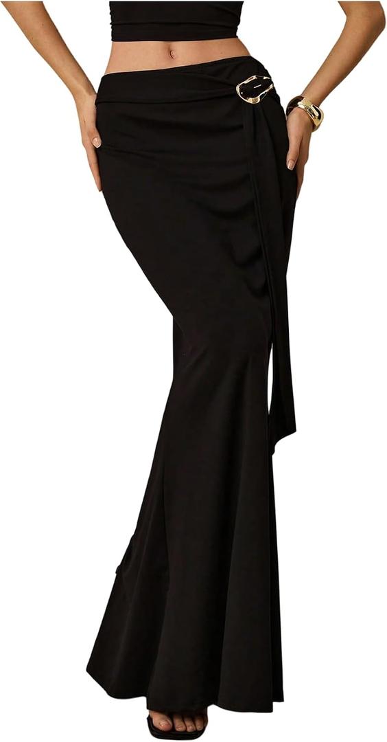 SHENHE Women's Low Waist Gold Buckle Side Strap Bodycon Flared Slim Long Maxi Fishtail Skirt (L)