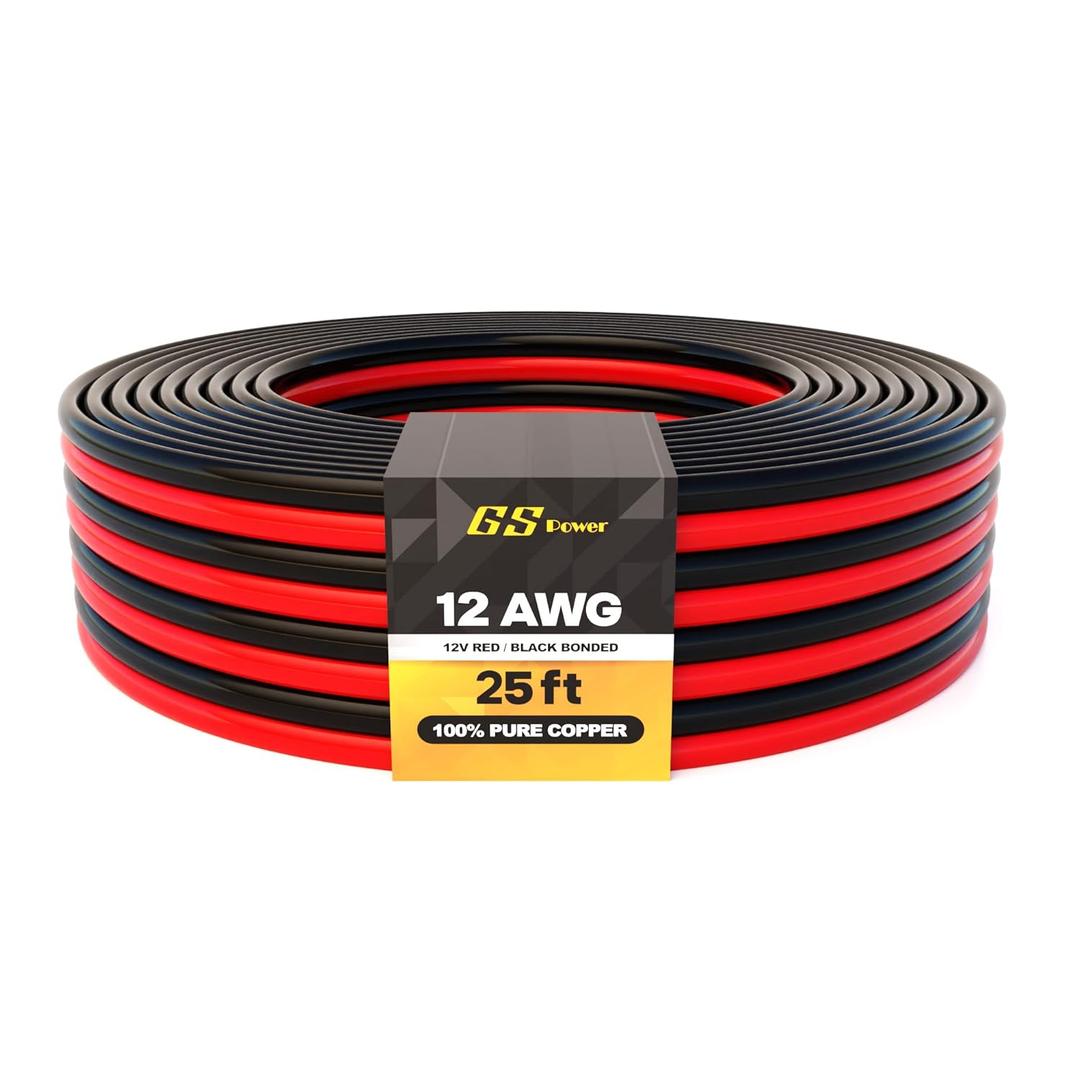 GS Power 12 Gauge Wire 25ft Oxygen Free, OFC Pure Copper Electrical 12v Low Voltage 12/2 Speaker Wire Spool, 12AWG for Electric, Automotive, Trailer, Stereo, RC, Car, Home Theater, LED, Lamp Wiring