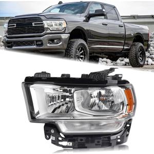LH Chrome Halogen Interior Headlight Fit for 2019-2024 Dodge Ram 2500 3500 Head lamp With Bulbs Left Driver Side CH2502334 68360177AE 68360177AD