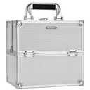 FRENESSA Makeup Train Case Makeup Organizer Box Portable Cosmetic Travel Case with Lock 4 Trays Aluminum Hard Vanity Box Make Up Artist Nail Beauty Storage Organizer Cosmetic Suitcase Bright Silver (Medium Silver)