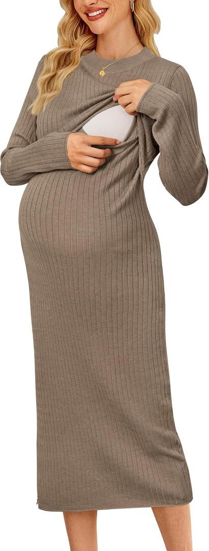OUGES Women's Wool Blend 2025 Maternity Sweater Nursing Dress Long Sleeve Crew Neck Slim Fit Ribbed Knit Midi Fall Dress M