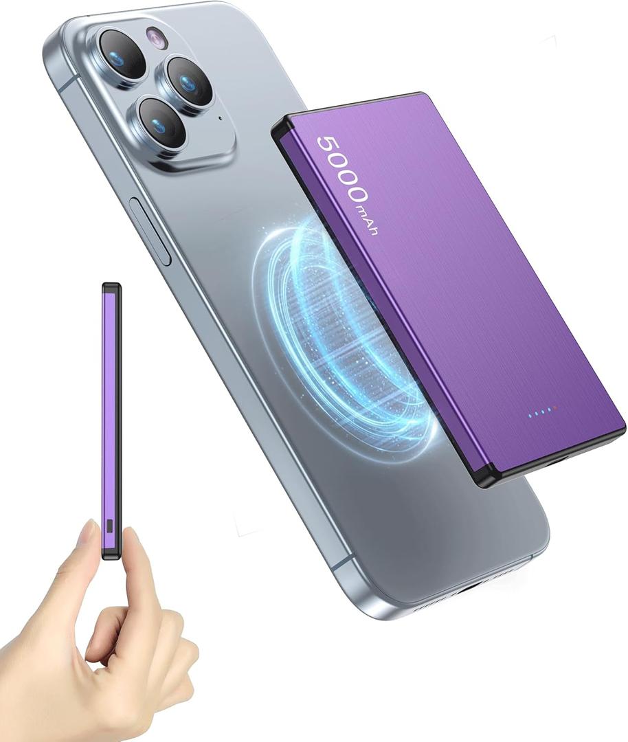 ZBF Wireless Portable Charger,5000mAh Slim Magnetic Power Bank Phone Charger with USB-C Cable, PD 20W Fast Charging Mag-Safe Battery Pack Travel Charger for Phone 17 16 15 14 13 Pro Max(Purple)