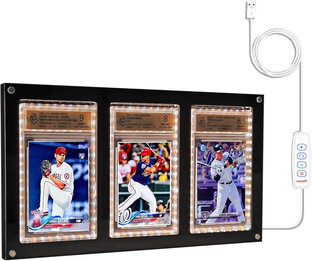 LED Acrylic Graded Card Display Frame for Collection - 3-Slot Light Up Case Compatible with PSA Slabs - 3-Color USB Backlight Wall & Desk Holder for TCG & Sports Cards (Black)