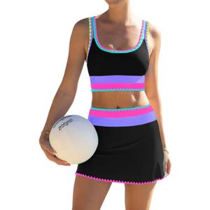 popvil High Waisted Bikini Sets for Women Tummy Control Swimsuits 3 Piece Bathing Suits Neon Swimwear with Skirt 2026 (Large, Black-purple)