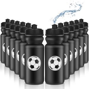 Nitial 12 Pack Water Bottles Bulk 20 oz Reusable Squeeze Water Bottles Plastic Sports Bottle with Pull Top Cap Sports Gifts Tumbler for Travel Gym Sport Party Supplies(Black,Soccer)
