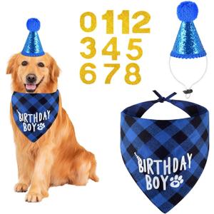 Dog Birthday Party Supplies, Dog Birthday Boy Bandana Hat with Numbers for Small, Medium, Large Dogs Pets (Blue)
