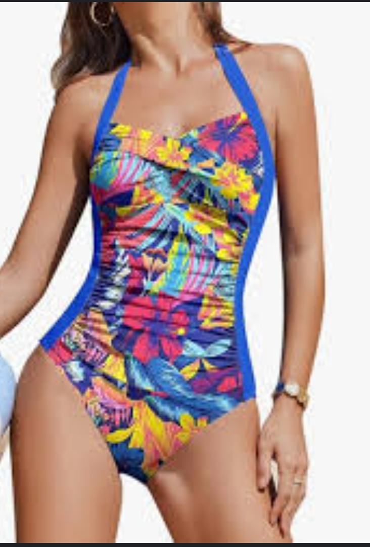 Image Women's Swimsuit blue with flowers L