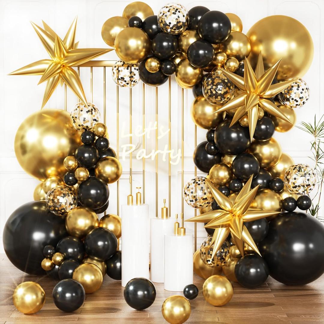Black and Gold Balloons Garland Arch Kit, Black Gold Confetti Balloons for Class 2025 Graduation Grad Party Decorations Birthday Retirement Prom Bachelorette Pool Party Anniversary Decorations