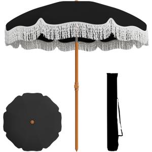 AreShark 7ft Patio Umbrella with Fringe, UPF50+ Beach Umbrella for Table, Pool & Garden, Portable Outdoor Tassels Umbrella w/Fiberglass Ribs&Push Bottom Tilt(Black)