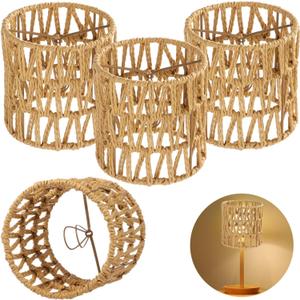 4 PCS Rattan Lamp Shades, Clip-on Rattan Lamp Shade, Chandelier Candle Bulb Lampshade, Natural Touch Hand Woven Lampshade for Chandeliers, Pendants, Wall Sconces, 5.1 x 5.1 in