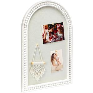 16" x 24" Linen Bulletin Board, Arched White Wood Frame with Beaded Trim, Decorative Pin Board Wall Organizer for Photos, Notes, Memo & Vision Board, 4060WH