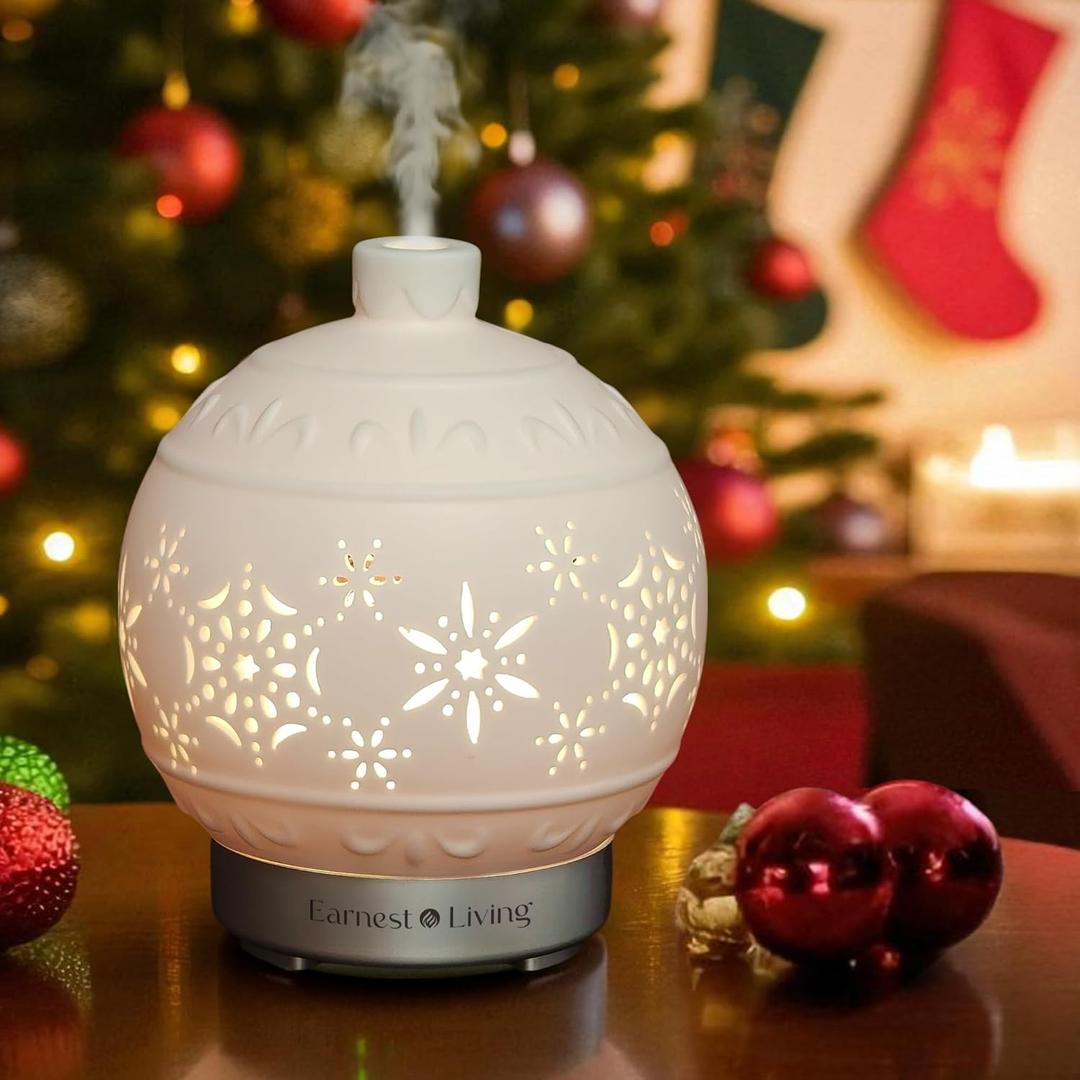 Earnest Living Christmas Ball Essential Oil Diffuser White Ceramic 100 ml Diffuser Home Dcor, 7 Color Lights, Timers, Auto Off Cool Mist Humidifier Aromatherapy Diffuser
