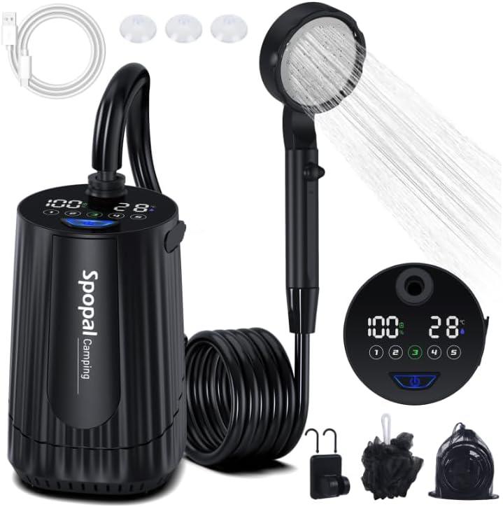 Spopal Portable Shower for Camping, [Upgraded] 10000mAh Rechargeable Camping Shower with 5 Adjustable Speeds, Premium LED Display, IPX8 Waterproof Outdoor Shower Kit for Hiking, Car, Pet, Travel (Black)