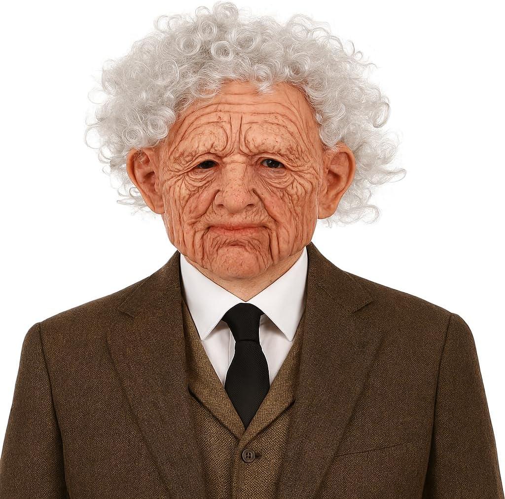 2025New Realistic Old Man Lady Mask Adult Creepy Grandpa Mask White Hair Wrinkles Wig Props for Halloween Party (B)