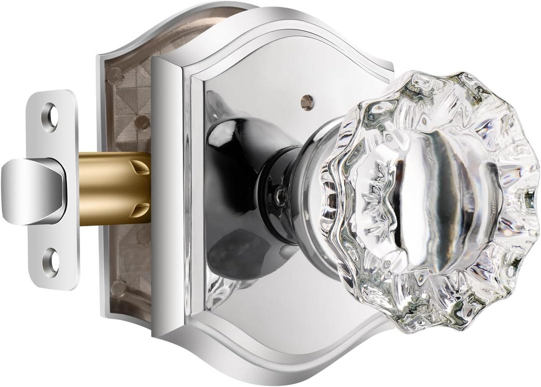 Polished Chrome Glass Door Knobs, Crystal Door Knob Interior with Lock, Privacy Polished Chrome Door Knob for Bathroom Bedroom