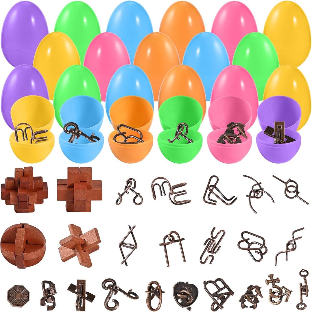 GOLDGE 24 Pack Easter Eggs Filled with Brain Teaser Puzzle Set for Adults & Kids, Ancient Wooden & Metal 3D Puzzles, IQ Logic Games for Easter Basket Stuffers & Party Favors, Egg Hunt, Family Fun