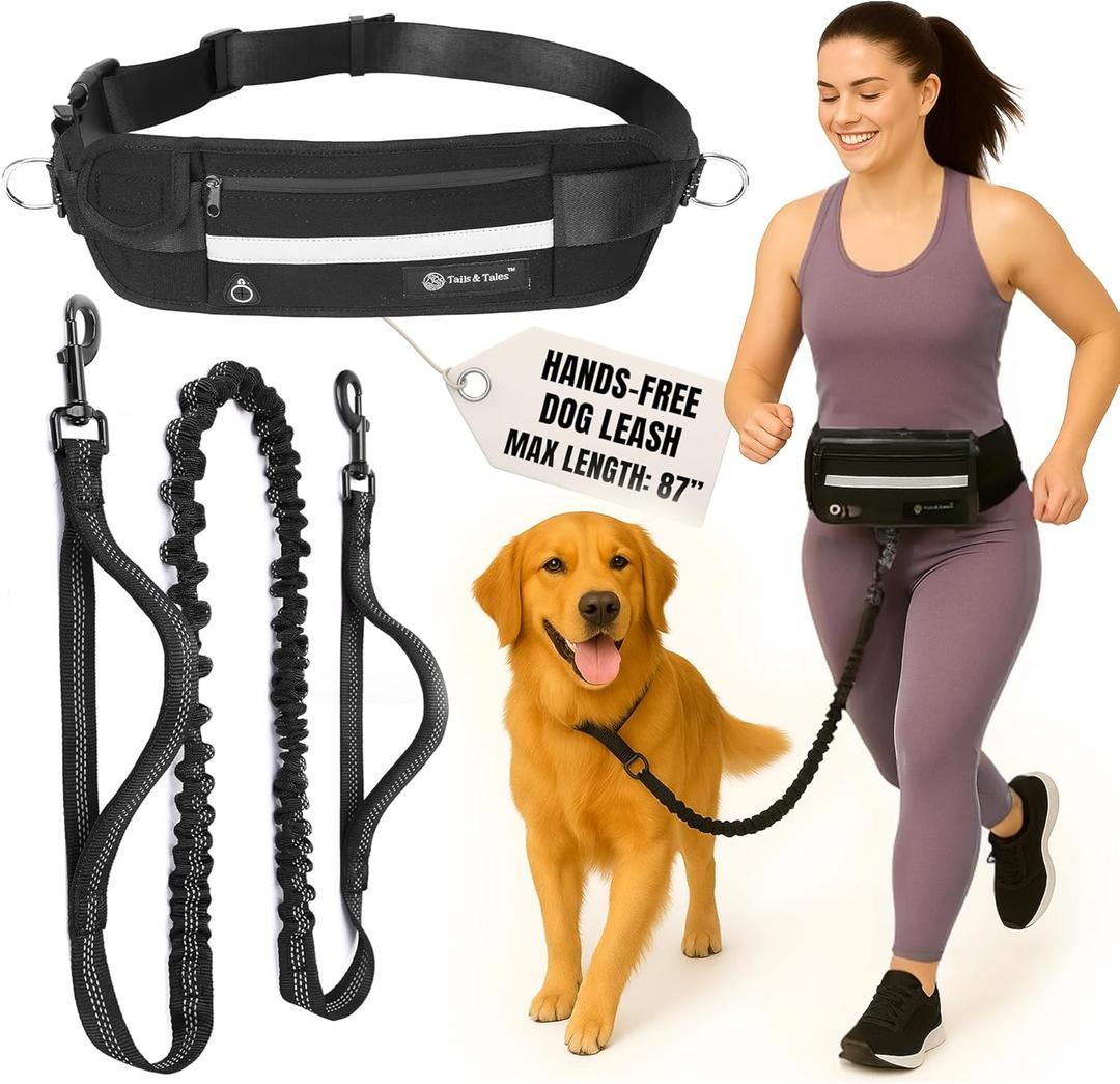 Tails & Tales Hands Free Waist Leash for Dog Walking Running Hiking with Zipper Pouch, Adjustable Belt, Dual Padded Handles, Reflective Bungee Design for Small to Large 100lb Dogs (Black)