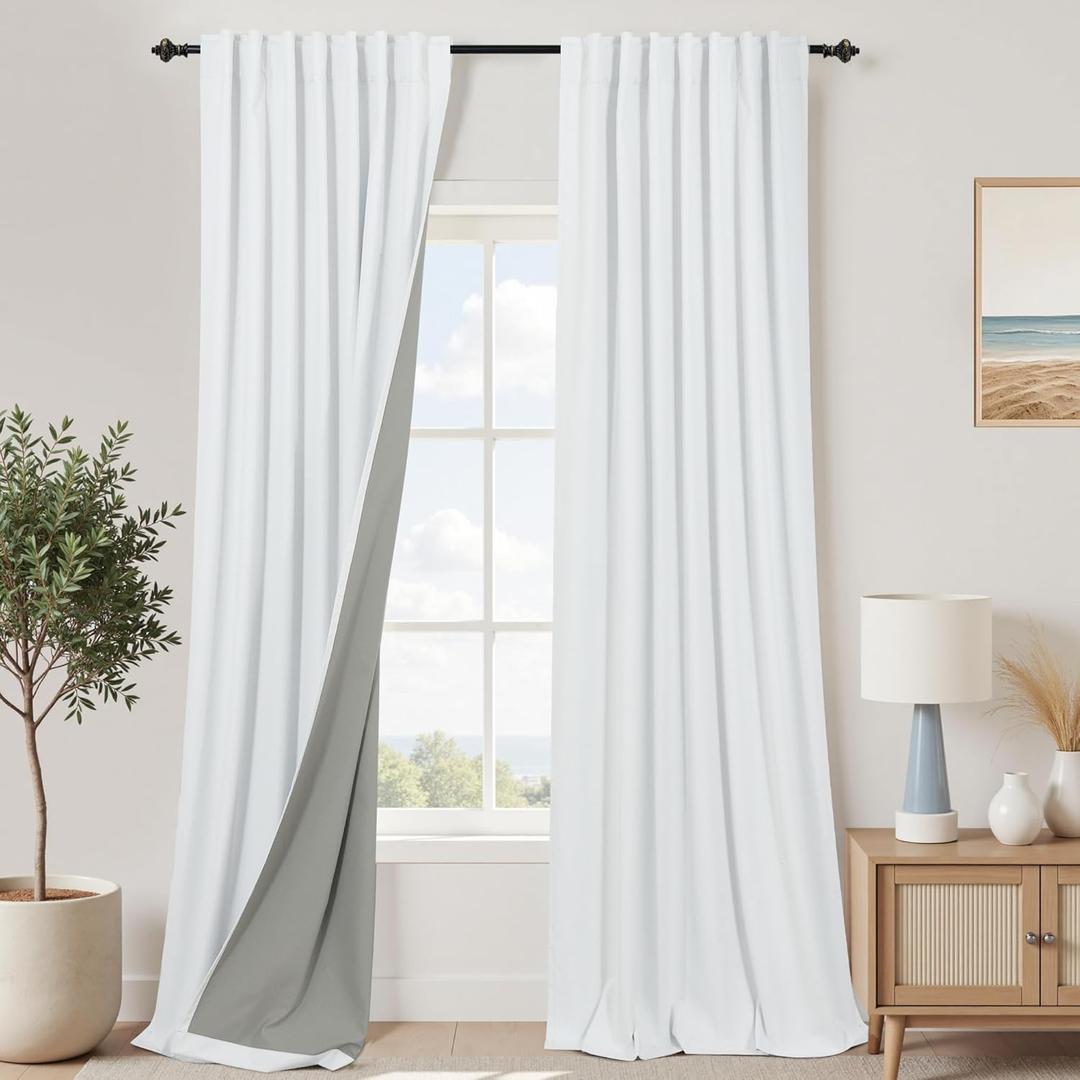 KOUFALL 100 Inch White Linen Blackout Curtains for Living Room Bedroom,2 Panels Set