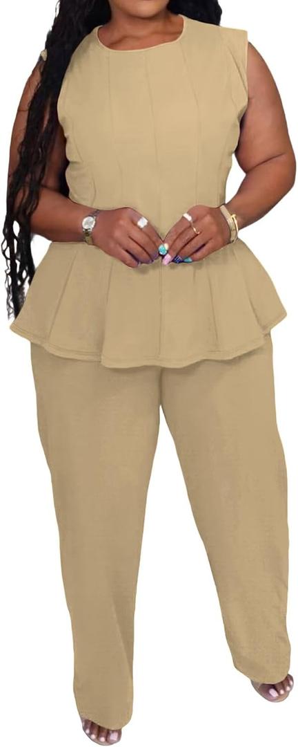 Womens Plus Size 2 Piece Outfits Pants Sets Summer Sleeveless Peplum Tank Tops Wide Leg Pant Suits Matching Sets (Beige, XXL)