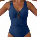 Aleumdr Womens Slimming One Piece Swimsuit Ruched Tummy Control Bathing Suits Scallop Trim V Neck Cut Out Swimwear 2026 (Blue) XL