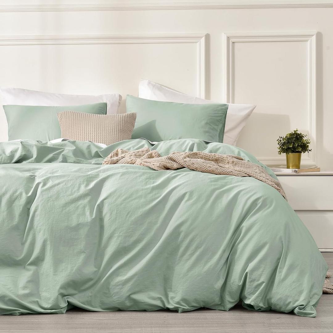 PHF 100% Garment Washed Cotton Duvet Cover King Size, Linen Like Breathable Durable Soft Comforter Cover, 3pcs Simple Bedding Duvet Set with Pillowcases, 104"x90", Sage Green