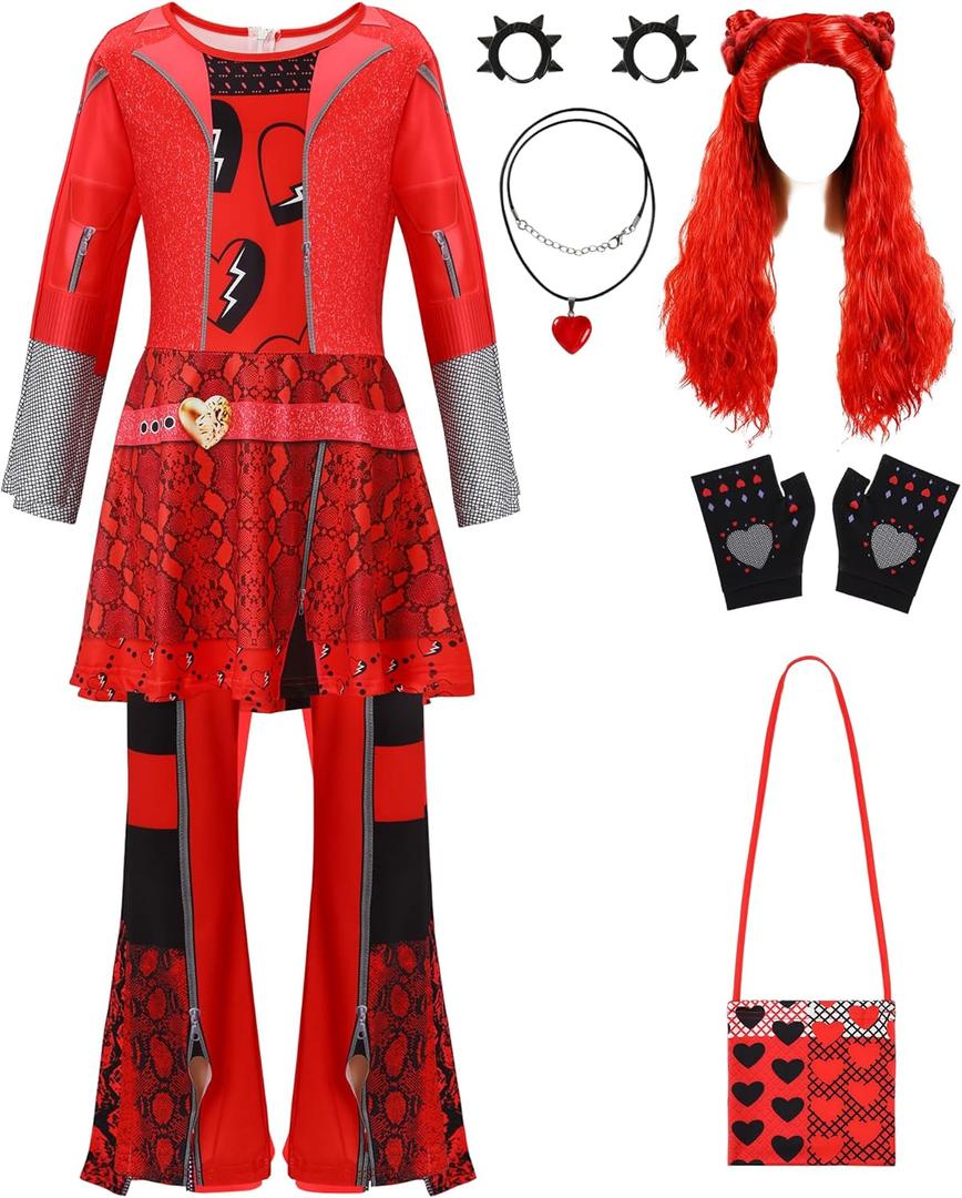 Girl Rise of Red Costume 8 Pcs Princess Red Jumpsuit Full Sets Halloween Copslay Party Dress up for Kids 4-12 Years