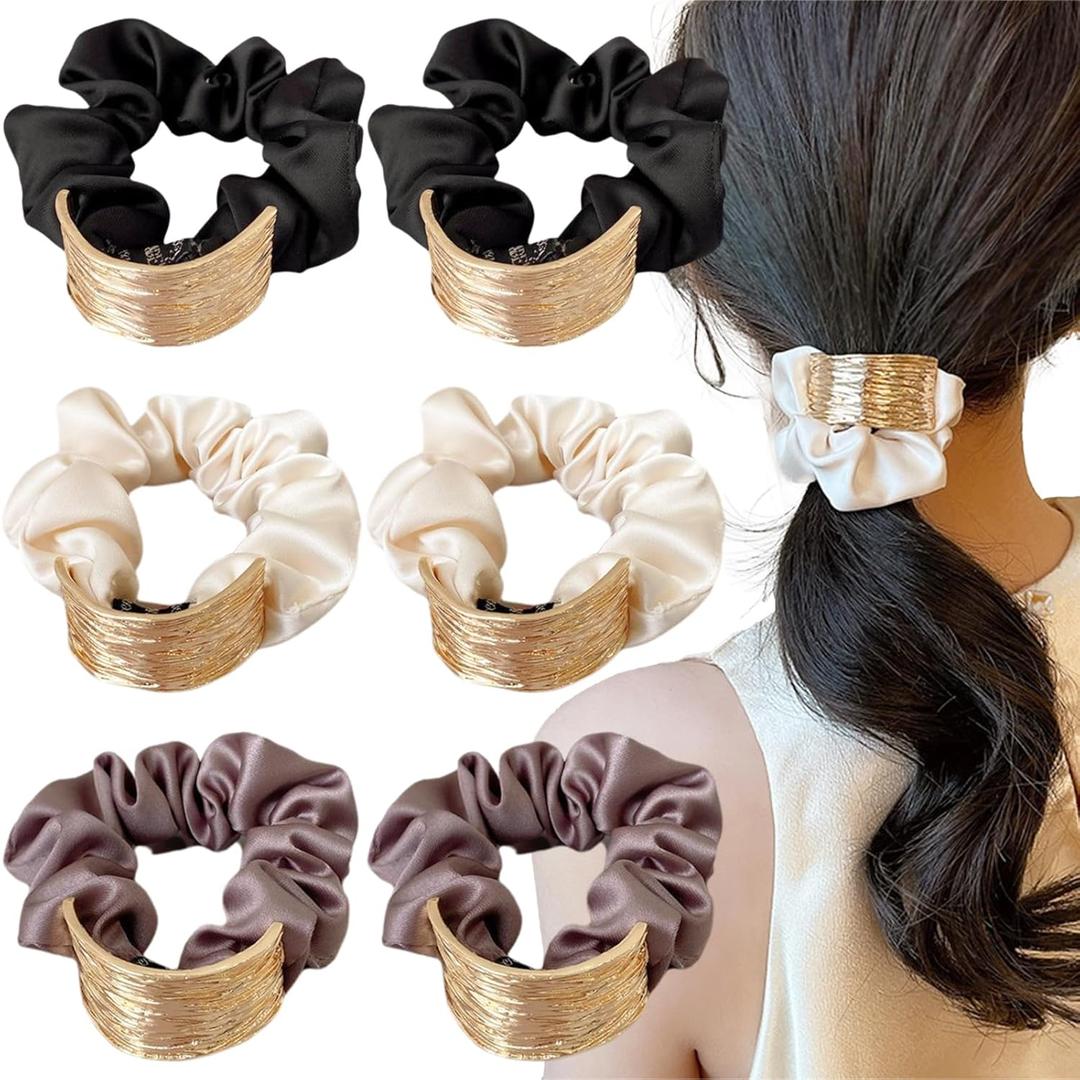 6 Pcs Metal Hair Scrunchies for Women & Girls, Silk Satin Elastic Hair Ties, Ponytail Holders for Thick & Thin Hair, Luxury Strong Hold Hair Accessories