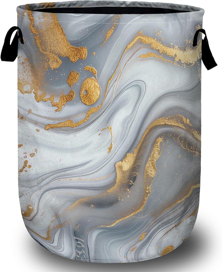 White Gold Marble Laundry Basket, Laundry Hamper Collapsible Oxford Cloth with Handle Clothes Toy Storage Bin for Bathroom Laundry Room Bedroom 15.7 X 20 Inch