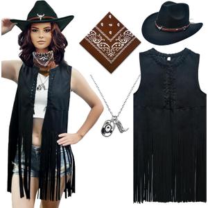 ATAMET Western Cowgirl Outfits for Women Cowgirl Fringe Vest Cowboy Hat Necklace Bandana,70s Hippie Costume for Halloween (XX-Large, Black)