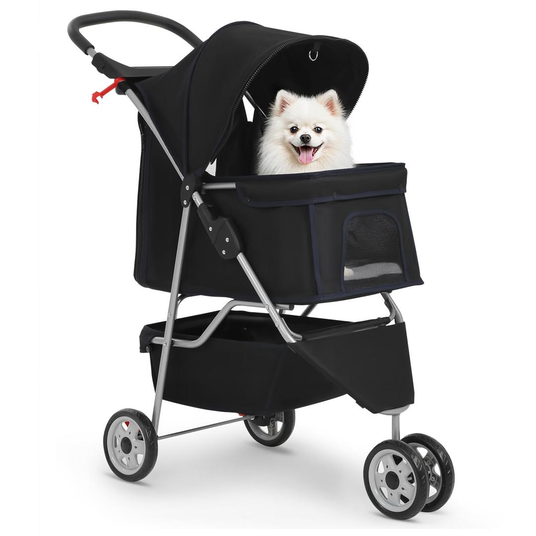 BestPet | 3-Wheel Pet Stroller | Dog and Cat Stroller | Breathable Mesh | Lightweight Travel Carrier | Waterproof & Foldable Design | Storage Basket | Black | for Daily Walks & Outdoor Use, 29.53"L x 17.72"W x 38.19"H