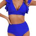 Soucrat Women Ruffle High Waisted Swimsuit Two Piece Tropical Print Swimsuit Push Up Bathing Suit XL
