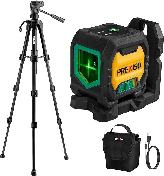PREXISO Laser Level with Tripod  100Ft Rechargeable Dual Modules Line Laser, Self Leveling Wide Angle Cross Leveler Tool for Construction, Floor Tile Renovation with Magnetic Base, Target Plate, Bag