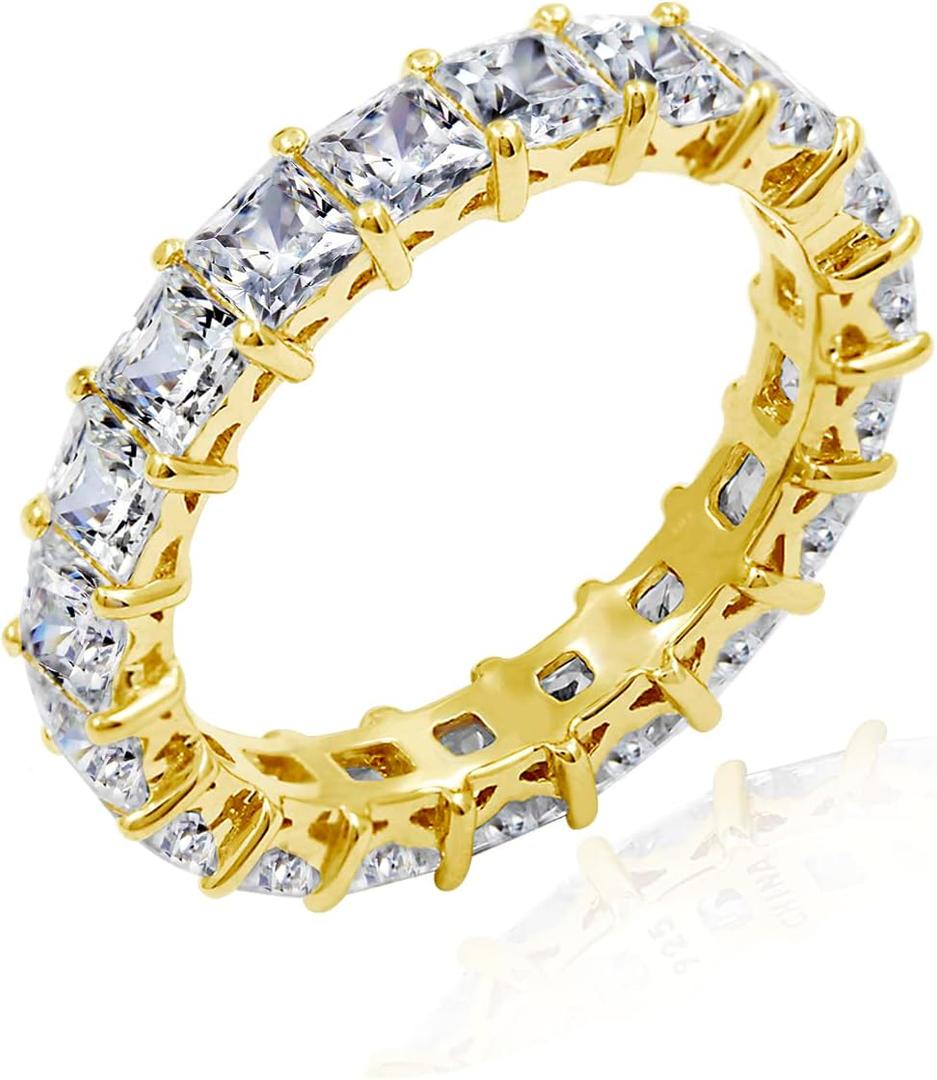 Amazon Essentials Sterling Silver Princess Cut All-Around Band Ring made with Infinite Elements Cubic Zirconia, (previously Amazon Collection) (8, Yellow Gold)