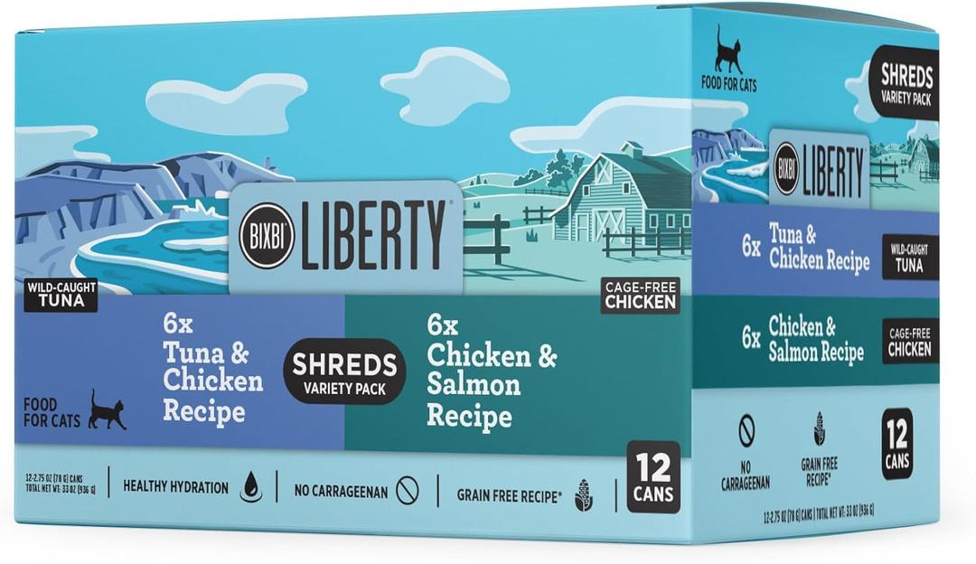 BIXBI Liberty Wet Cat Food Shreds Variety Pack Featuring Chicken/Salmon Recipe & Tuna/Chicken Recipe (2.75 Ounce Cans, Case of 12) (EXP 01/13/29)