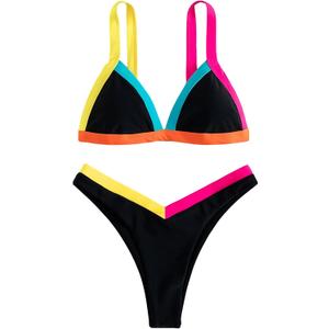 SweatyRocks Women's Colorblock Swimsuit High Cut Triangle Bikini Sets Two Piece Bathing Suit (Medium, Black)