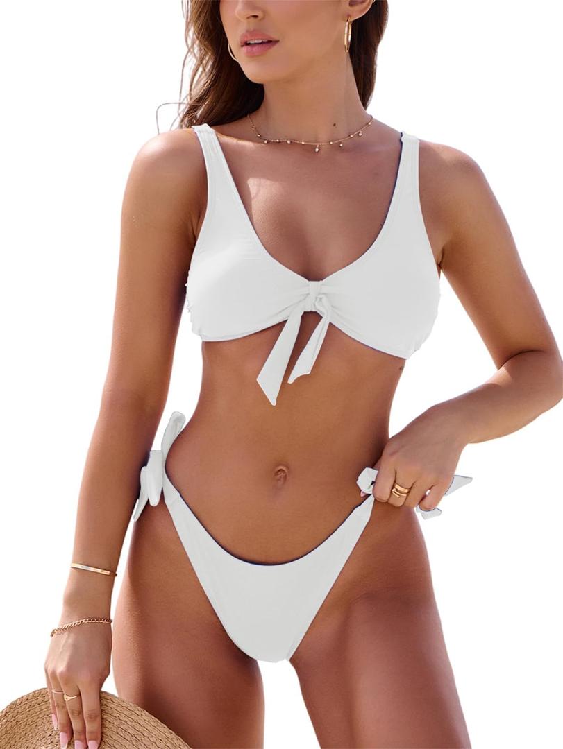 Rajputana Bikini Set for Women Front Tie Knot Tie Side String Two Piece Bathing Suits Swimsuit (Medium, White)