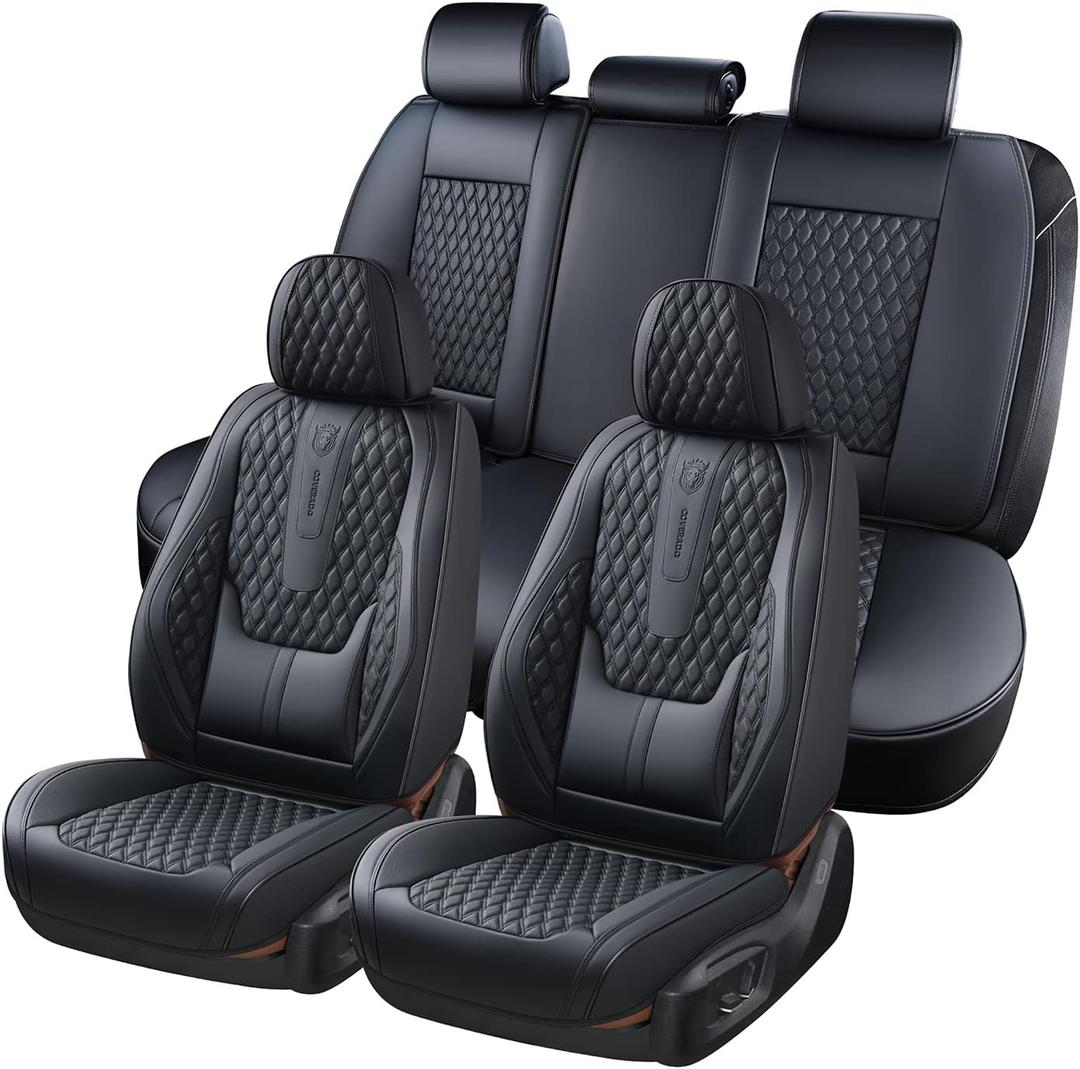Coverado Car Seat Covers Full Set, Black Seat Covers for Car with Lumbar Support, Nappa Leather Seat Covers Waterproof Car Seat Protectors Universal Fit for Most Cars SUV Trucks (FullSet, A/Black)